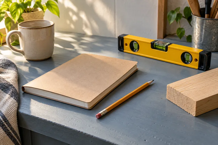 A pencil, notebook, spirit level and wood sample on a planning desk.